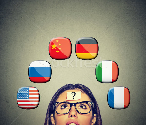 Woman with question mark icons of international flags above head Stock photo © ichiosea