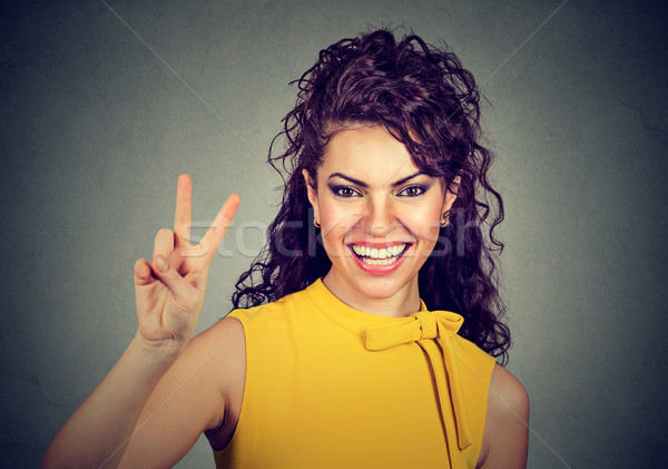 ストックフォト: 笑顔の女性 · 黄色 · ドレス · 勝利 · 平和