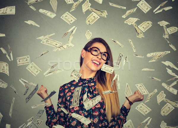 Frau ekstatischen Erfolg Geld Regen fallen Stock foto © ichiosea
