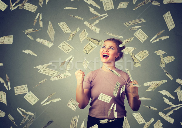 Frau ekstatischen Erfolg Geld Regen fallen Stock foto © ichiosea