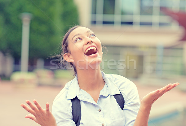 Successful happy business woman with arms up celebrating victory Stock photo © ichiosea