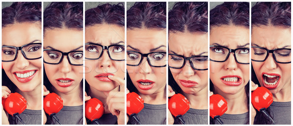 Stock photo: Woman changing emotions from happy to angry while answering the phone