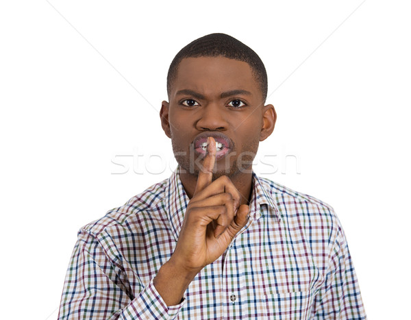 Komoly elégedetlen férfi ujj ajkak közelkép Stock fotó © ichiosea