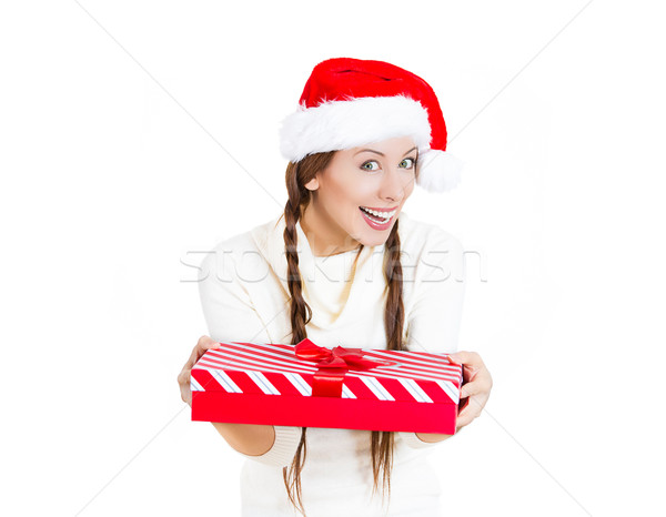 Happy excited young beautiful christmas woman holding a gift box Stock photo © ichiosea
