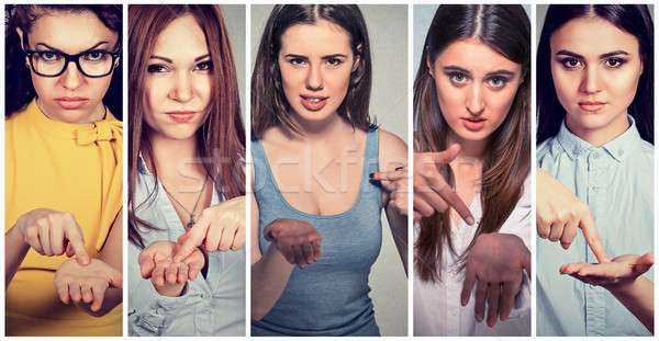 Group of young women gesturing with hand to pay back money Stock photo © ichiosea