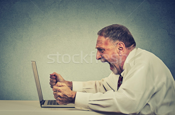 Mérges dühös idős üzletember dolgozik számítógép Stock fotó © ichiosea