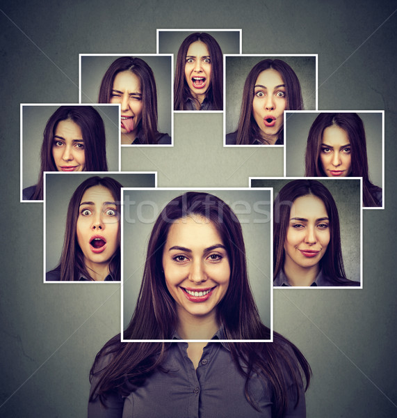 Stock photo: Happy masked woman expressing different emotions 