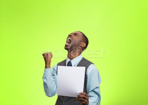 Stock photo: Angry customer, executive man screaming holding document, paper 