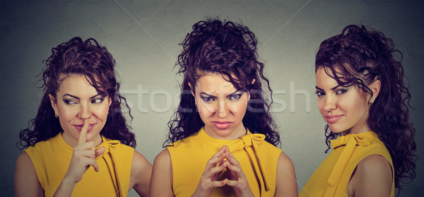 Ravasz fiatal nő valami emberi érzelmek arckifejezések Stock fotó © ichiosea