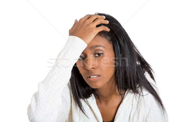Closeup portrait stressed woman with headache holding head Stock photo © ichiosea
