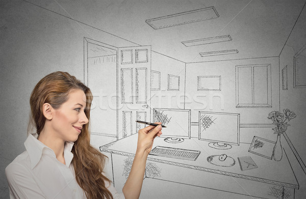 woman designer drawing with pen, pencil future apartment Stock photo © ichiosea