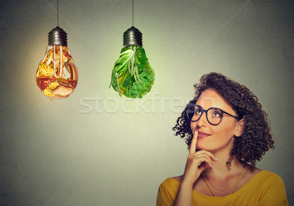 woman thinking looking up at junk food and green vegetables shaped as light bulb Stock photo © ichiosea