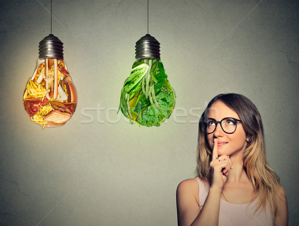 woman thinking looking up at junk food and green vegetables shaped as light bulb Stock photo © ichiosea