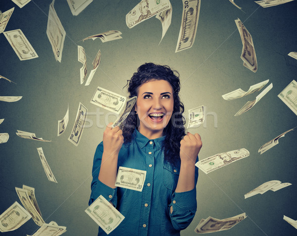 Vrouw extatisch succes geld regen vallen Stockfoto © ichiosea
