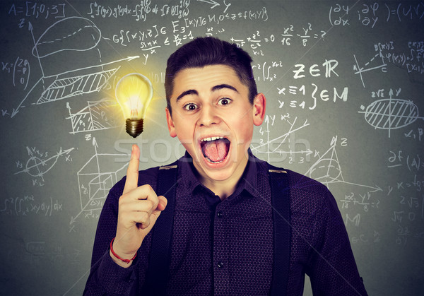 smart student with idea light bulb science formulas on blackboard  Stock photo © ichiosea