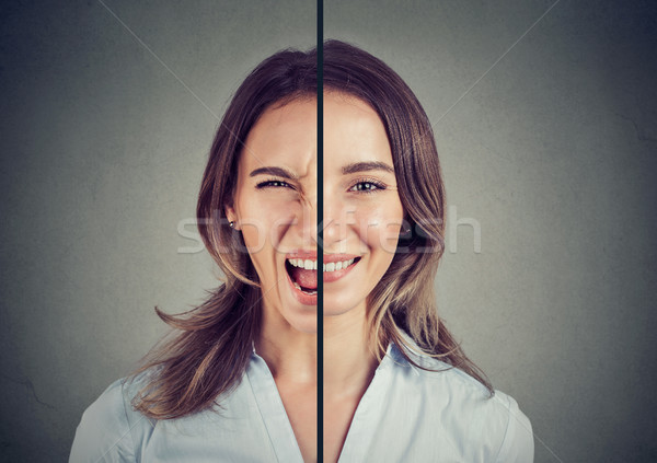 Stock photo: Young woman with double face expression 