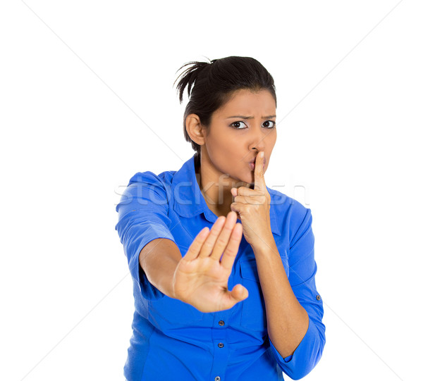 Kobieta powiedzenie cichy poważny palec Zdjęcia stock © ichiosea