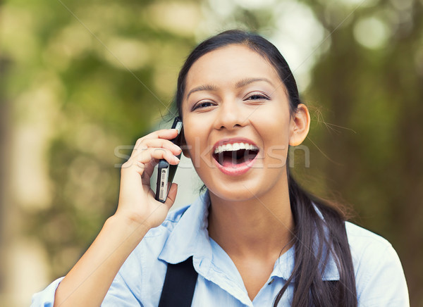 Stockfoto: Lachend · vrouw · praten · telefoon · portret