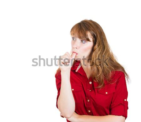 Hüvelykujj közelkép portré zavart tanácstalan nő Stock fotó © ichiosea