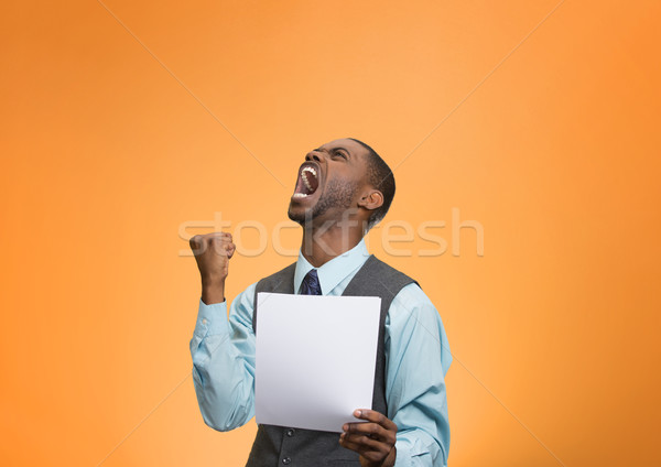 Stock photo: Angry customer, executive man screaming holding document, paper 