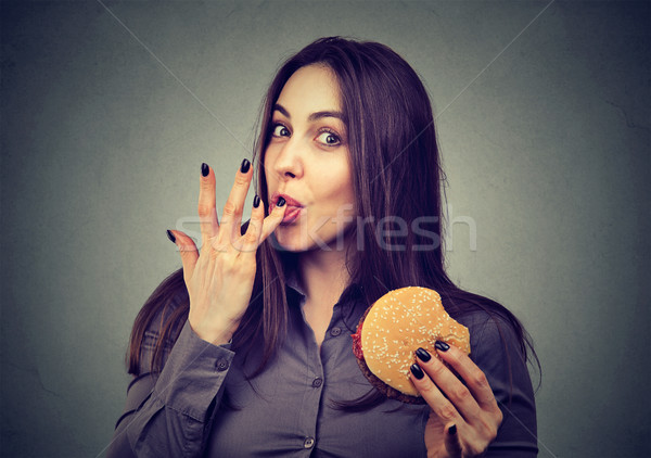 Stockfoto: Fast · food · mijn · favoriet · jonge · vrouw · eten · hamburger