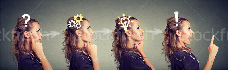 Sequence of a woman thoughtful, thinking, finding solution with gear mechanism, question, exclamatio Stock photo © ichiosea