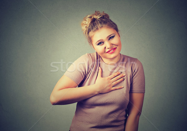 Stock photo: woman gesturing with hand, please forgive me pretty please