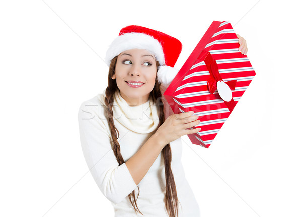 Stock photo: Happy excited christmas woman holding a gift box