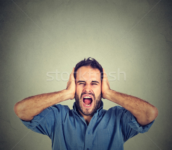young man screaming mouth open, holding head with hands Stock photo © ichiosea