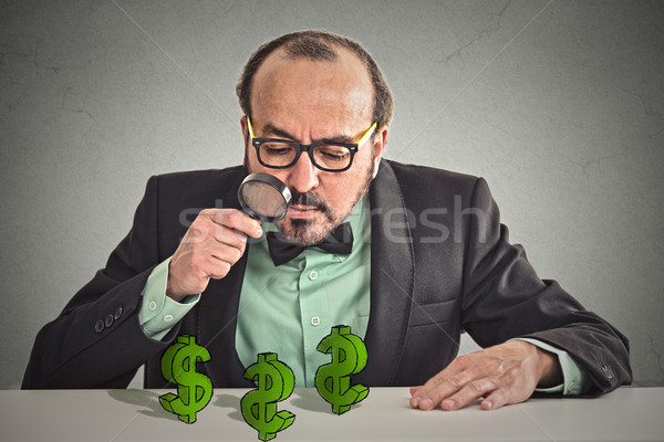 Business man looking through magnifying glass at dollar signs  Stock photo © ichiosea