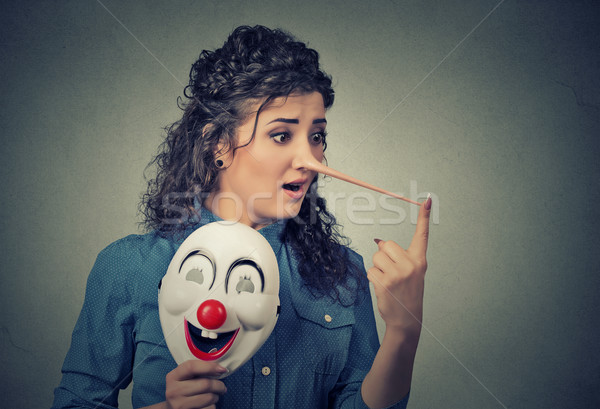 Vrouw lang neus clown masker leugenaar Stockfoto © ichiosea