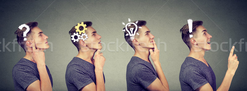 Emotional intelligence. Side view sequence of a man thoughtful, thinking, finding solution with gear Stock photo © ichiosea