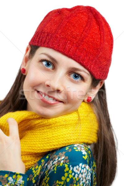 Kobieta czerwony hat żółty szalik portret Zdjęcia stock © igabriela