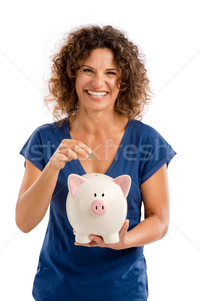 Stockfoto: Besparing · geld · portret · gelukkig · spaarpot