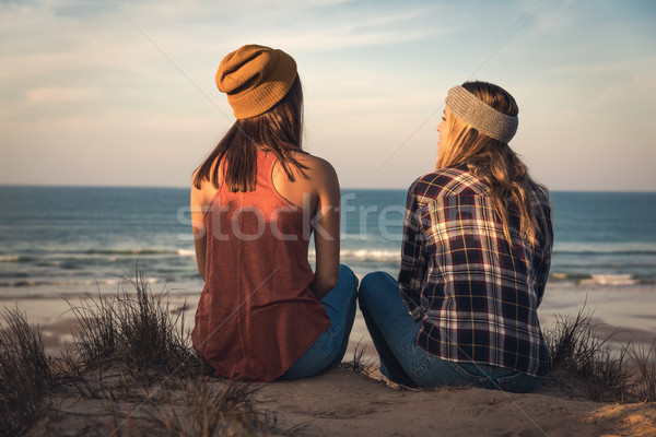 Fete şedinţei plajă doua cei mai buni prieteni Imagine de stoc © iko