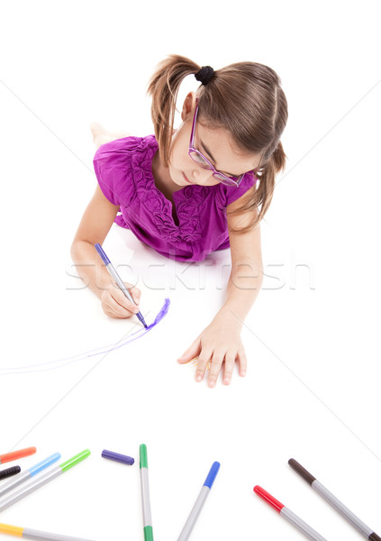 Foto stock: Menina · desenhos · piso · papel · lápis