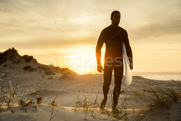 Sörfçü sörf plaj spor gün batımı deniz Stok fotoğraf © iko