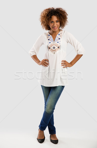 Foto stock: Hermosa · mujer · aislado · gris · sonrisa