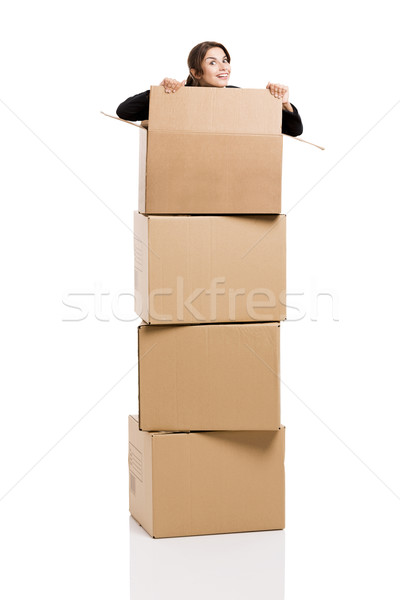 Business woman appear inside card boxes Stock photo © iko