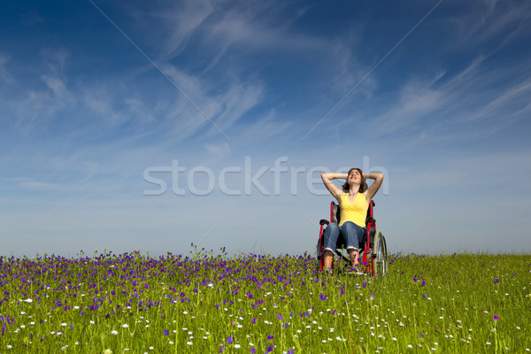 Behindert Frau Rollstuhl glücklich grünen Wiese Stock foto © iko