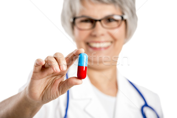 Foto stock: Feminino · médico · pílula · feliz · velho