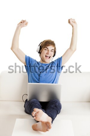 Boldog nő laptop karok a magasban ül padló Stock fotó © iko