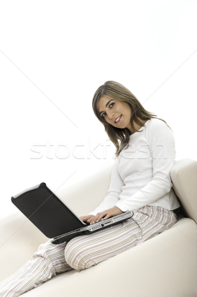 Stockfoto: Huiswerk · laptop · mooie · vrouw · werken · home · huis