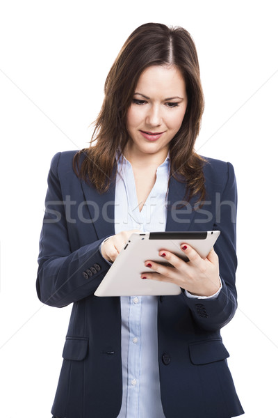 Business woman pracy tabletka odizolowany biały Zdjęcia stock © iko