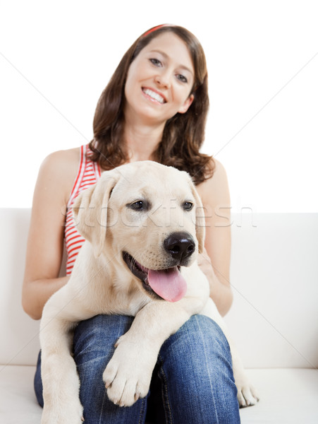 Foto stock: Menina · melhor · amigo · jovem · bela · mulher · casa · bonitinho