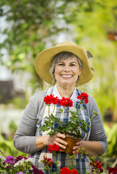 Dag rijpe vrouw broeikas bloemen Stockfoto © iko