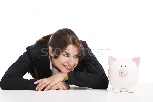 Kobieta interesu banku piggy piękna hiszpańskie business woman Zdjęcia stock © iko