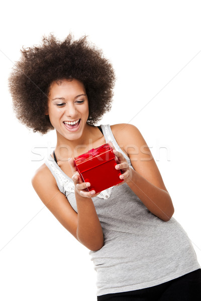 Foto stock: Dom · belo · feliz · mulher · jovem · vermelho