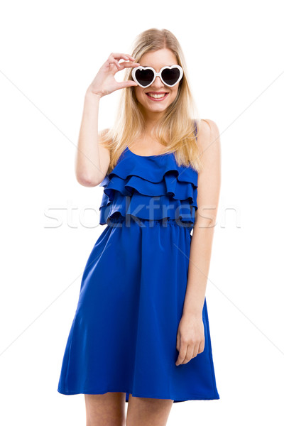 женщину синий Солнцезащитные очки красивая женщина платье изолированный Сток-фото © iko