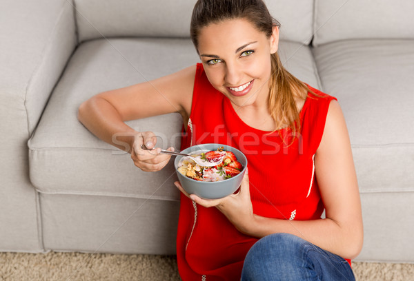 Alimentação saudável belo feliz mulher casa tigela Foto stock © iko